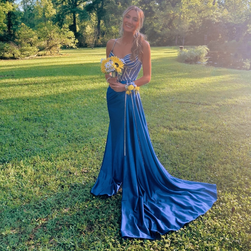 Royal blue crystal satin dress